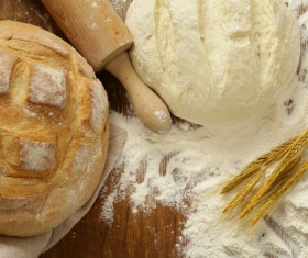 Bread and dough on the table and rolling pin Stock Photo