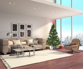 Bright and spacious living room with Christmas tree HD picture