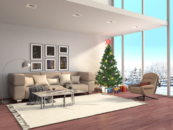 Bright and spacious living room with Christmas tree HD picture