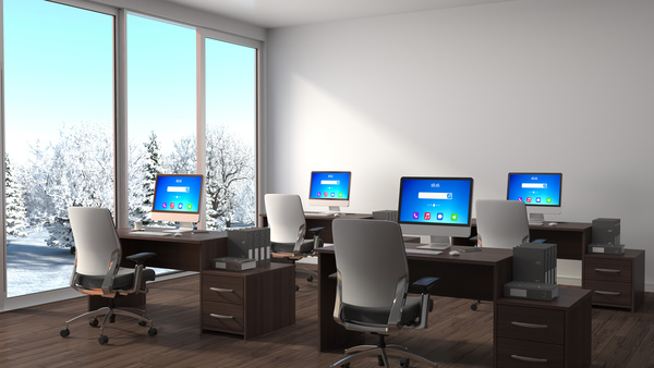 Bright office with snowy window HD picture