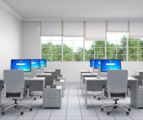 Bright office with trees and trees outside the window HD picture