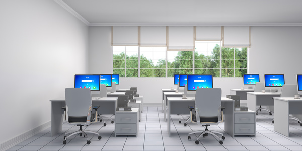 Bright office with trees and trees outside the window HD picture