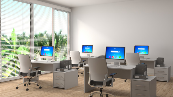 Bright office with window out tropical plants HD picture