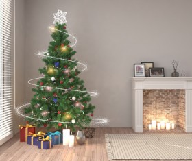 Candle in the fireplace with the Christmas tree in the corner