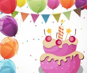 Cartoon birthday cake with color balloons vectors 01