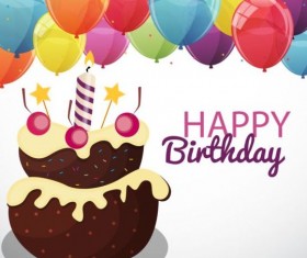 Cartoon birthday cake with color balloons vectors 03