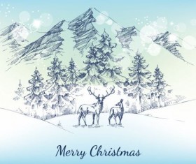 Christmas snow mountains hand drawn vector