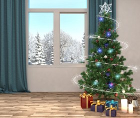 Christmas tree and winter snow scene outside HD picture