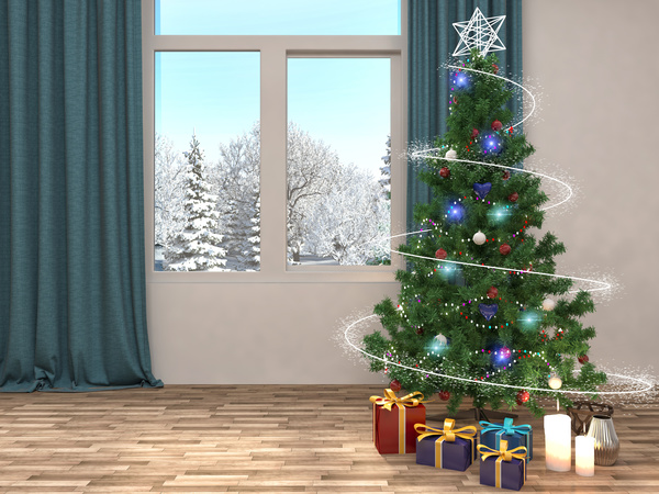 Christmas tree and winter snow scene outside HD picture