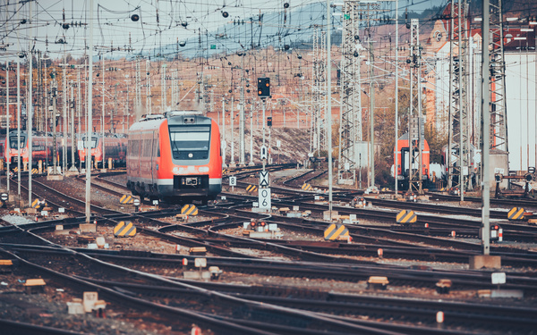 Cobweb-like rail connections with trains Stock Photo