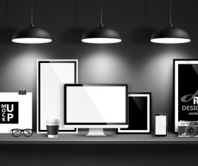 Desk with monitor and lamp vector 01