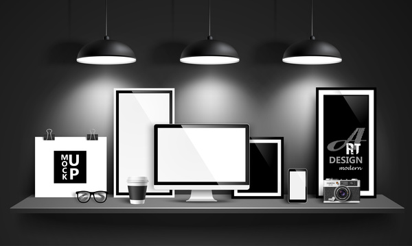 Desk with monitor and lamp vector 01