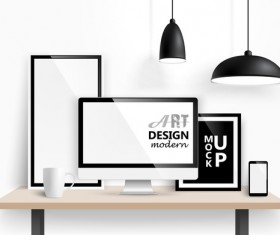 Desk with monitor and lamp vector 02