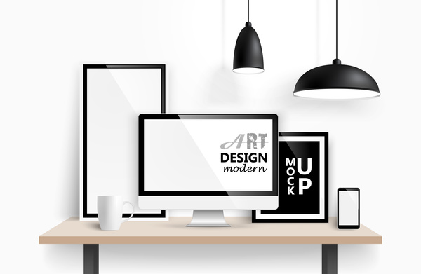 Desk with monitor and lamp vector 02