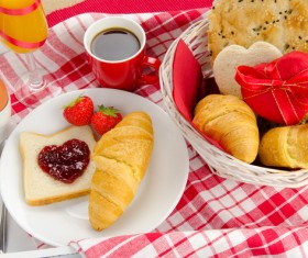 Eggs, strawberry, coffee and all kinds of snacks