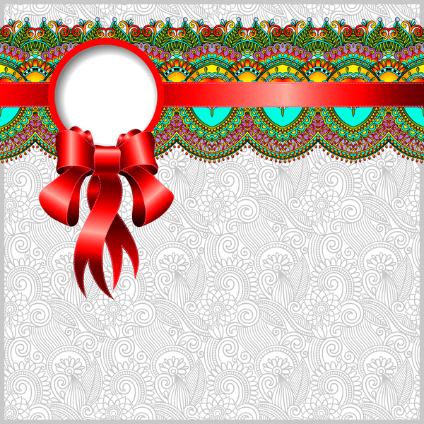 Ethnic decoration patterns with ribbon invitation card vector 05