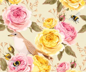 Flower with bird and bee seamless pattern vector