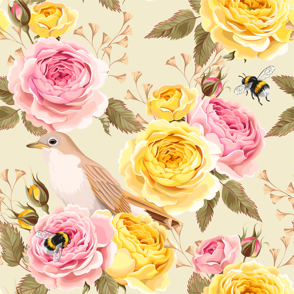 Flower with bird and bee seamless pattern vector