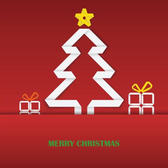 Folped paper christmas tree with red background vector