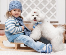 Girl sitting on a sled and white puppy Stock Photo