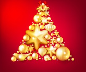 Gold christmas baubles with red background vector 01