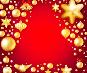 Gold christmas baubles with red background vector 02