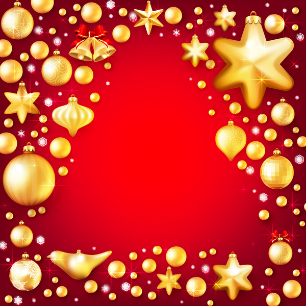 Gold christmas baubles with red background vector 02
