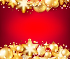 Gold christmas baubles with red background vector 04