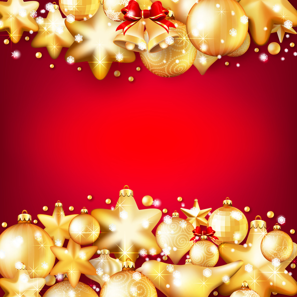 Gold christmas baubles with red background vector 04