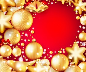 Gold christmas baubles with red background vector 05
