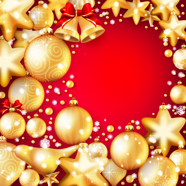 Gold christmas baubles with red background vector 05