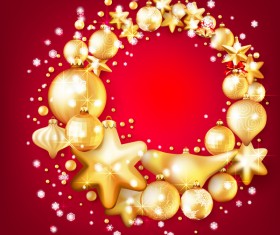 Gold christmas baubles with red background vector 06