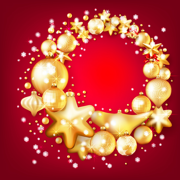 Gold christmas baubles with red background vector 06