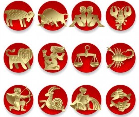 Golden zodiac wiht round red icons vector