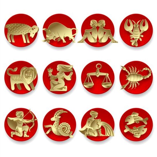 Golden zodiac wiht round red icons vector