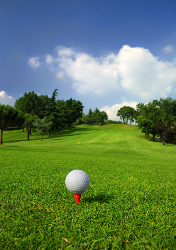 Golf ball on green grass with golf course background 01