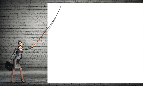 Gray wall with a lady holding a blank banner HD picture