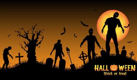 Halloween night background with zombies vector 03