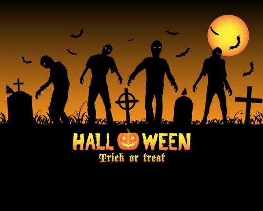 Halloween night background with zombies vector 04