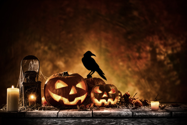 Halloween pumpkin on old wooden table with crows