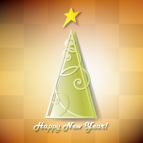 Happy new year background with star and christmas tree vector 01