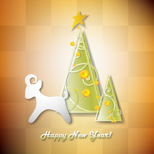 Happy new year background with star and christmas tree vector 02