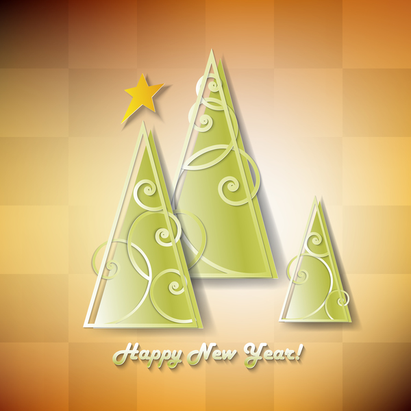 Happy new year background with star and christmas tree vector 03