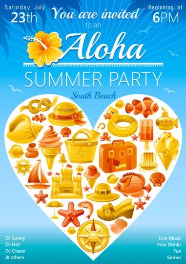 Holiday beach party flyer with heart vector 01