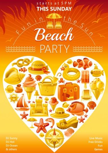 Holiday beach party flyer with heart vector 03