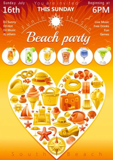Holiday beach party flyer with heart vector 04