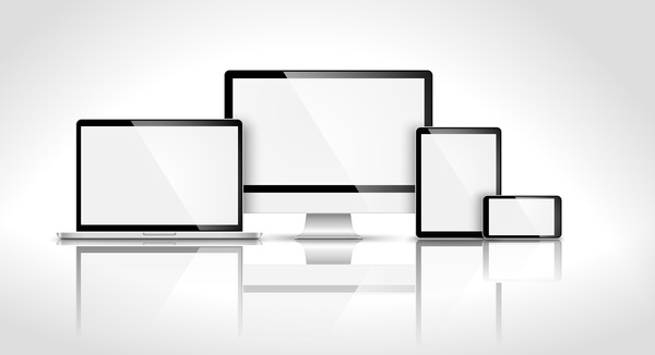 Laptop with monitor and tablet prototype vector template 02