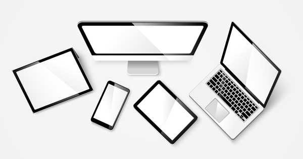 Laptop with monitor and tablet prototype vector template 06
