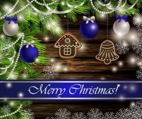 Merry christmas greeting card with wood background vector 11
