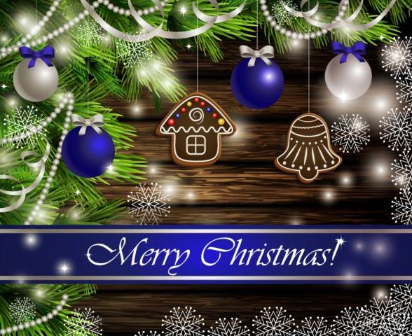 Merry christmas greeting card with wood background vector 11